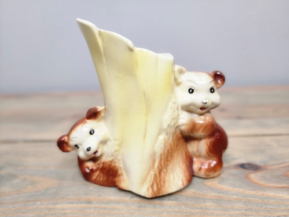 1950's American Bisque USA Pottery-BEAR CUBS At Base of TREE STUMP-Planter Vase